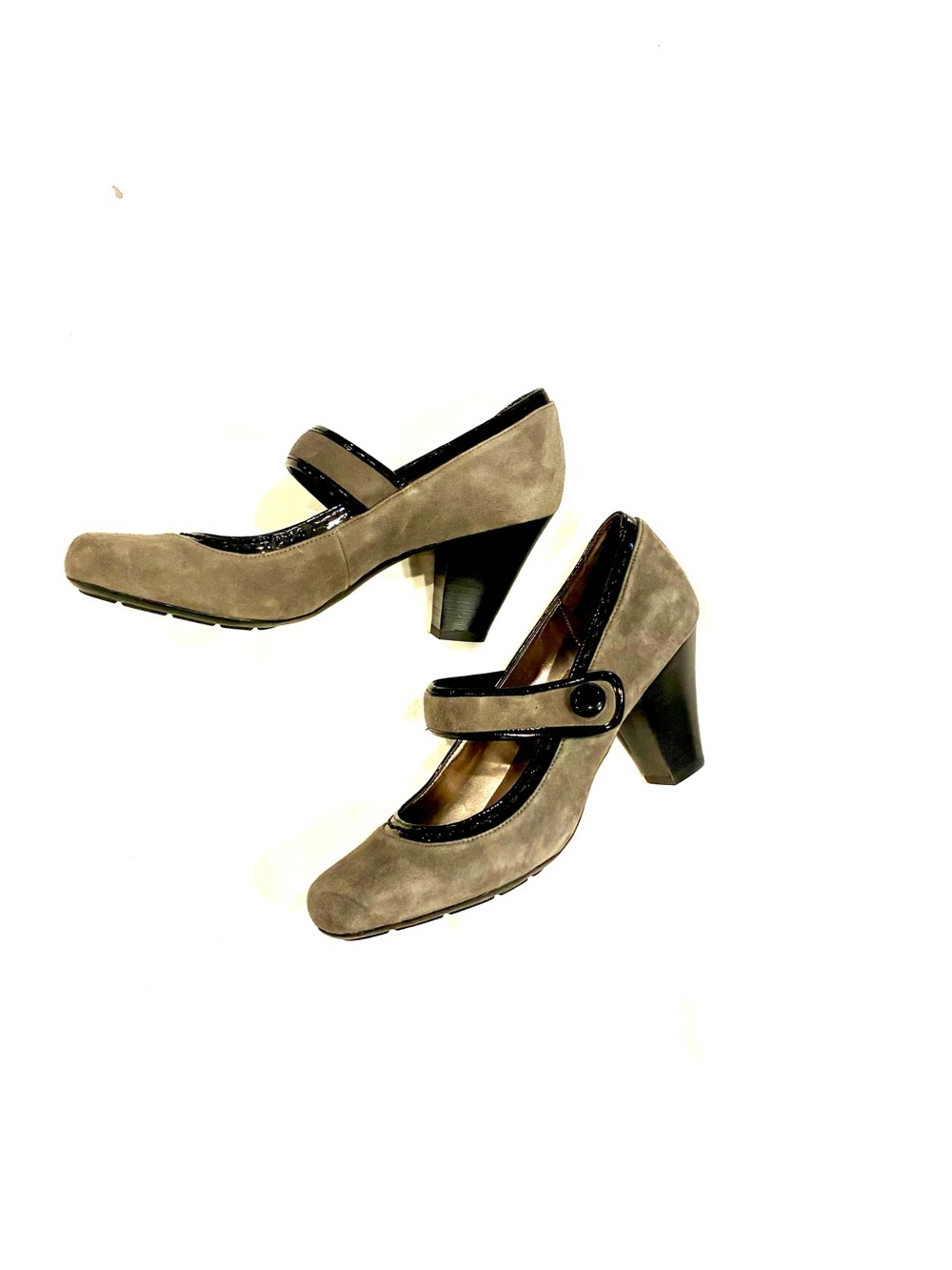 Naturalized Women’s gray Suede Mary Jane Heels with Black Patent Leather Trim